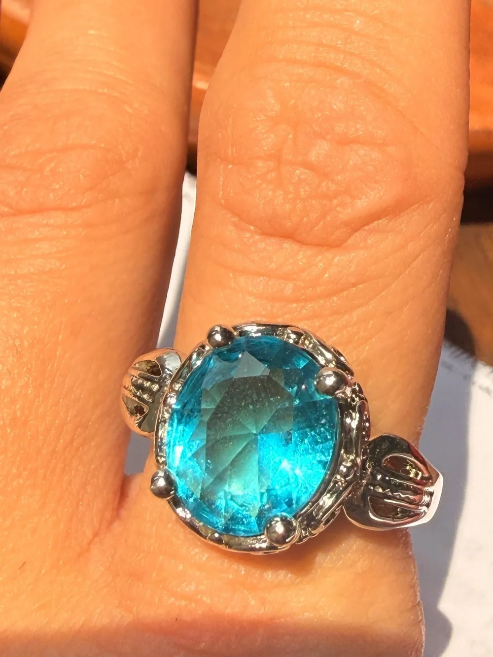 Blue Topaz-Diligree Silver Ring Sz 10- Women Jewelry